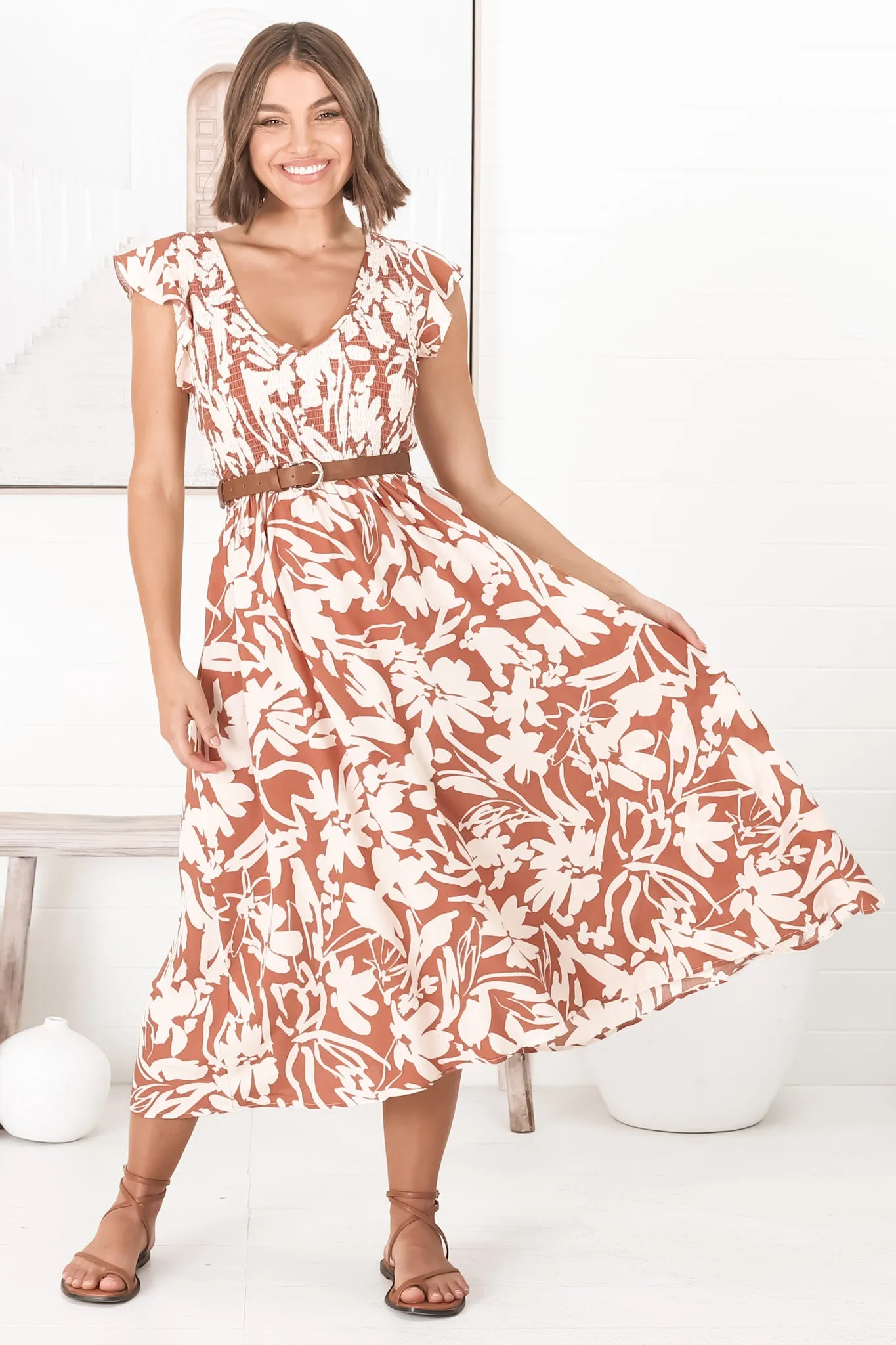 Mistee Midi Dress - Flutter Cap Sleeve Elasticated Bodice A Line Dress in Charis Print Rust sold by Salty Crush product image thumbnail 3
