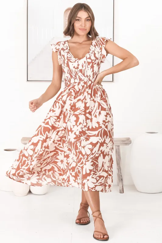Mistee Midi Dress - Flutter Cap Sleeve Elasticated Bodice A Line Dress in Charis Print Rust sold by Salty Crush
