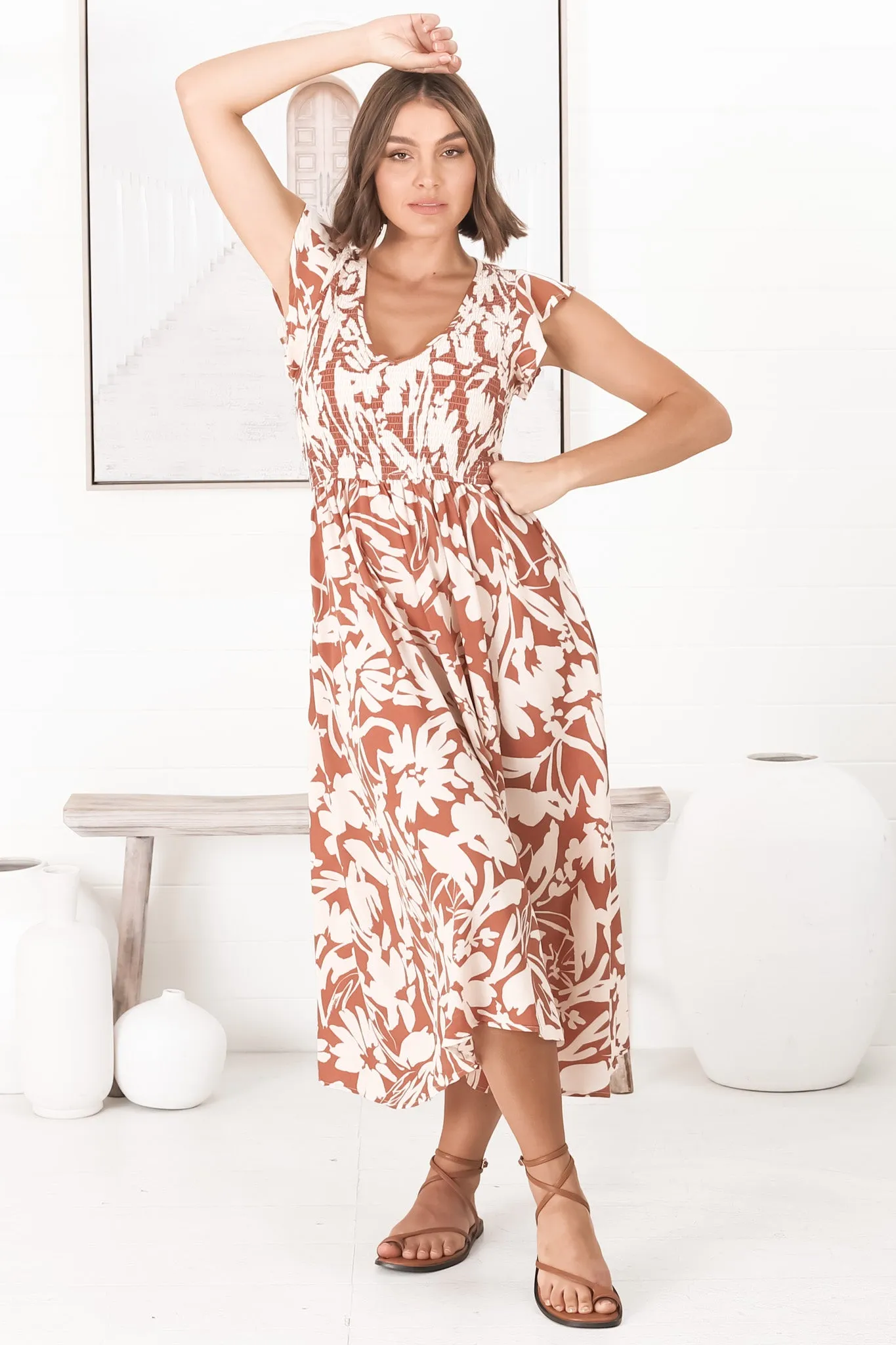 Mistee Midi Dress - Flutter Cap Sleeve Elasticated Bodice A Line Dress in Charis Print Rust sold by Salty Crush product image thumbnail 2