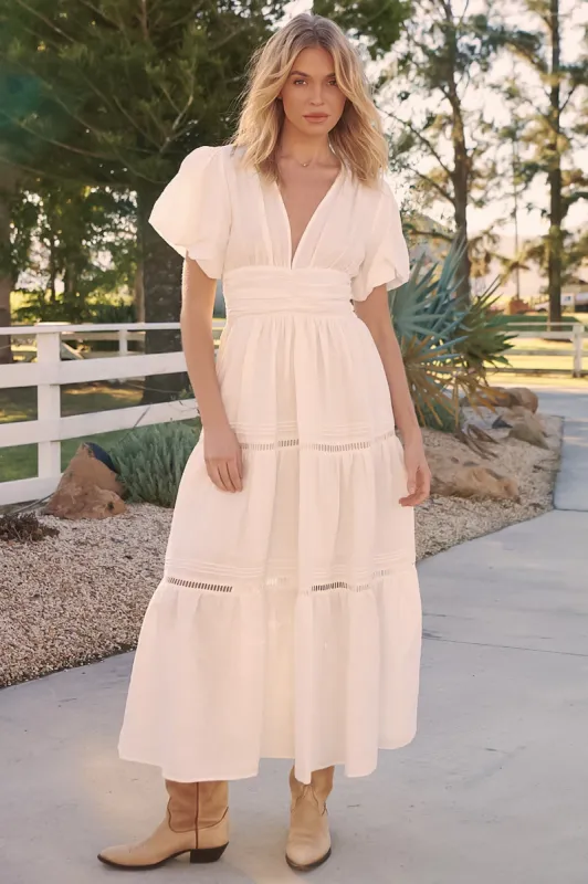JAASE - Daniella Maxi Dress: Deep V Neck Puffy Billow Sleeves Tiered Dress with Lattice Splicing in White sold by Salty Crush