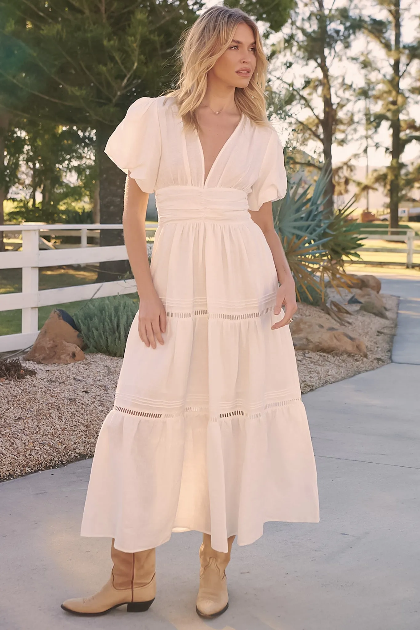 JAASE - Daniella Maxi Dress: Deep V Neck Puffy Billow Sleeves Tiered Dress with Lattice Splicing in White sold by Salty Crush product image thumbnail 3
