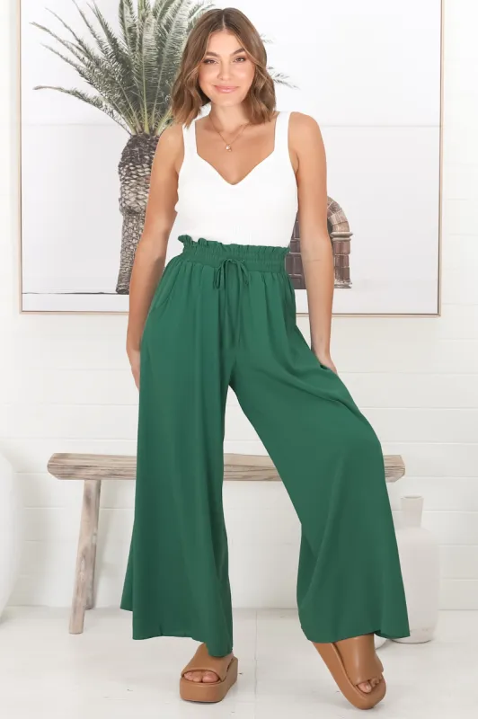 Charli Pants - Paper Bag High Waisted Wide Leg Pants in Emerald sold by Salty Crush