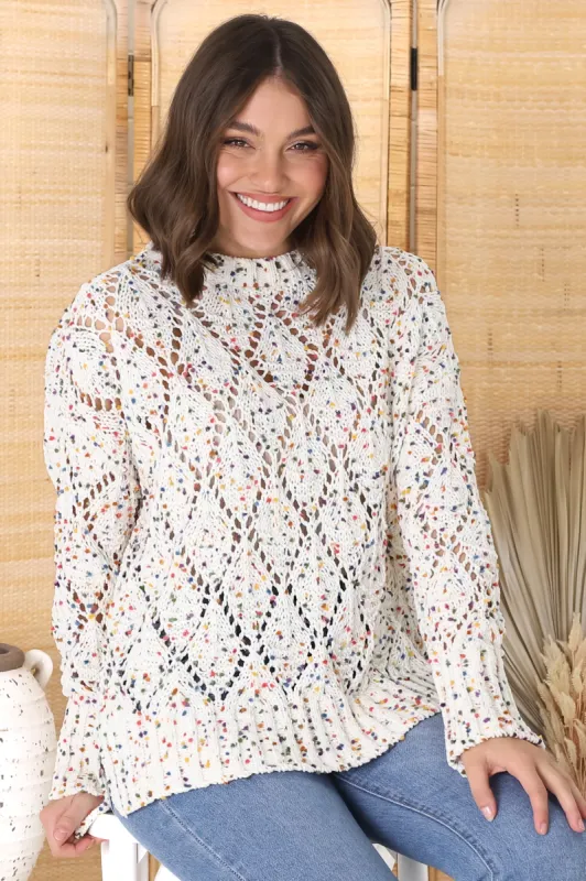 Honour Jumper - Rainbow Speck Open Crochet Knit Jumper in Vanilla Rainbow sold by Salty Crush