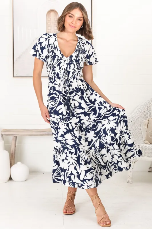 Amaya Midi Dress - Shirred Cap Sleeve A Line Dress in Charis Print Blue sold by Salty Crush
