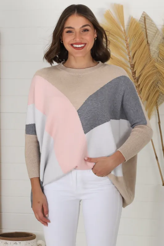 Reed Jumper - Colour Block Batwing Long Sleeve Knit in Beige sold by Salty Crush