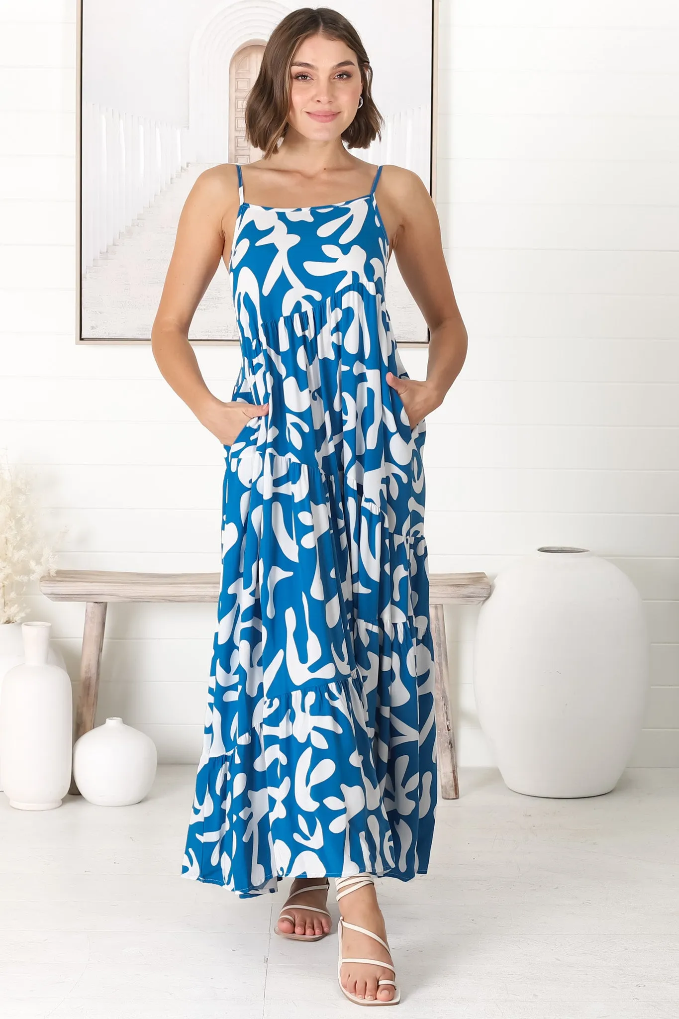 Kana Maxi Dress - Spaghetti Strap Asymmetric Tiered Dress in Jaxie Print Blue sold by Salty Crush product image thumbnail 5