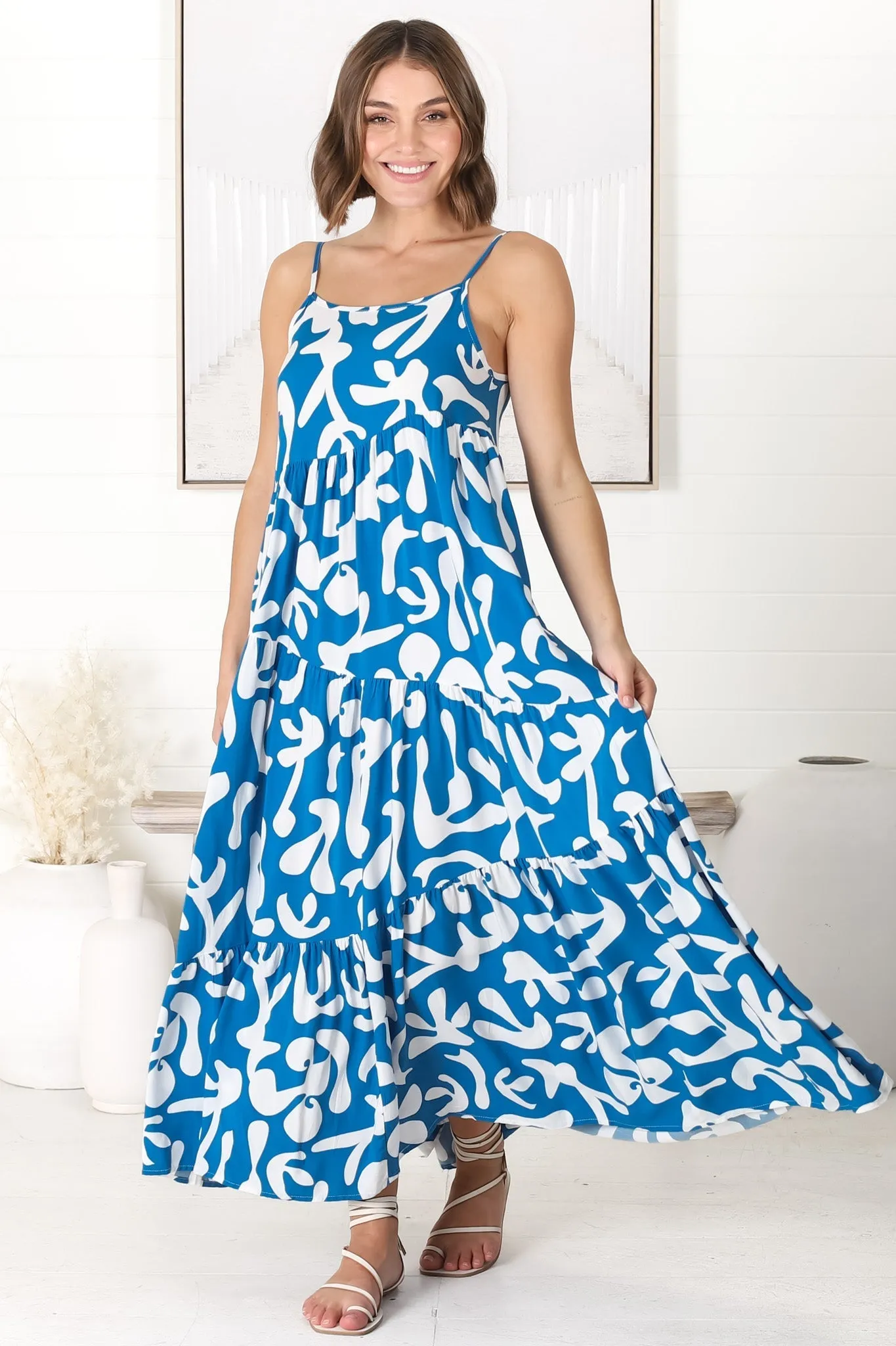 Kana Maxi Dress - Spaghetti Strap Asymmetric Tiered Dress in Jaxie Print Blue sold by Salty Crush product image thumbnail 3