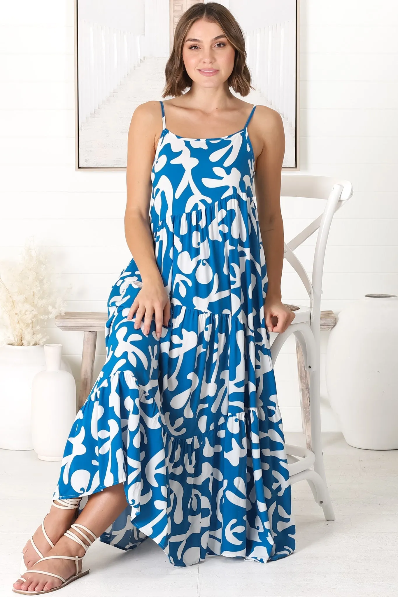 Kana Maxi Dress - Spaghetti Strap Asymmetric Tiered Dress in Jaxie Print Blue sold by Salty Crush