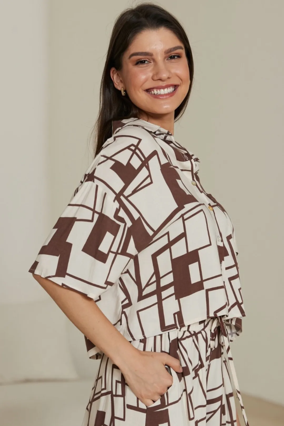 Anne Top: Collared Boxy Button Down Crop in Como Print sold by Salty Crush product image thumbnail 3