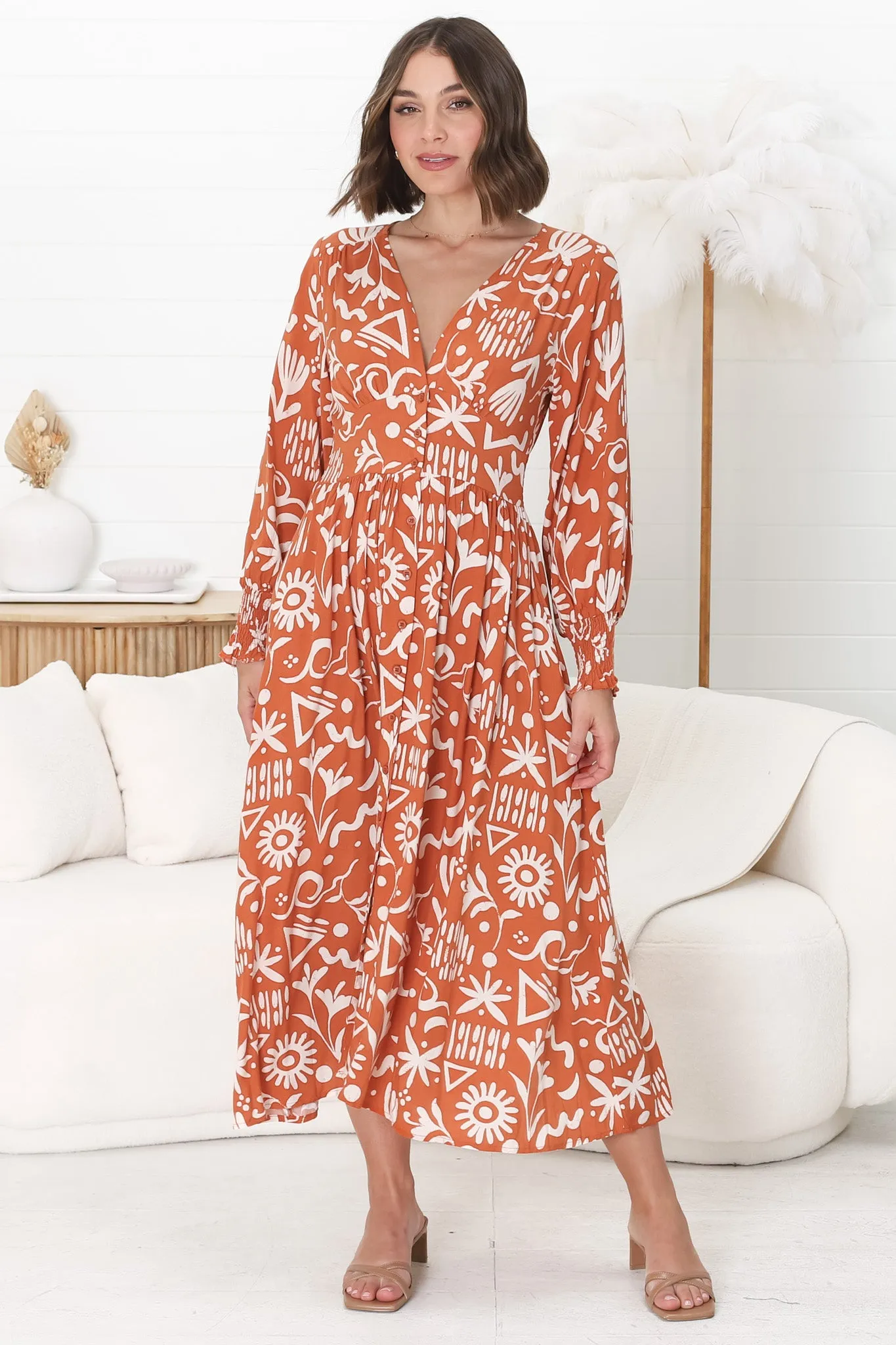 Jolie Midi Dress - V Neck Buttoned Down Long Sleeve Dress in Taralen Print Orange sold by Salty Crush product image thumbnail 3