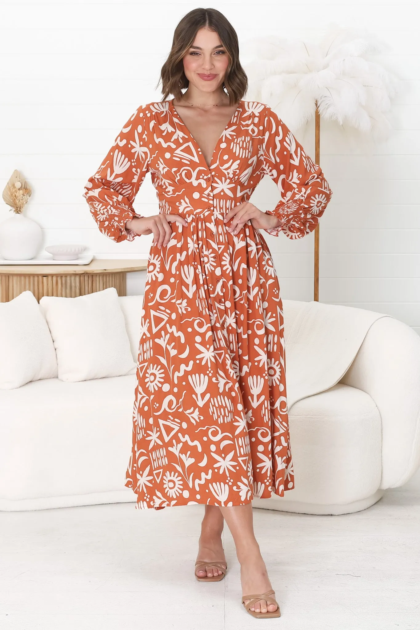Jolie Midi Dress - V Neck Buttoned Down Long Sleeve Dress in Taralen Print Orange sold by Salty Crush product image thumbnail 4
