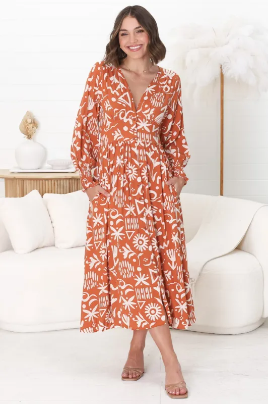 Jolie Midi Dress - V Neck Buttoned Down Long Sleeve Dress in Taralen Print Orange sold by Salty Crush