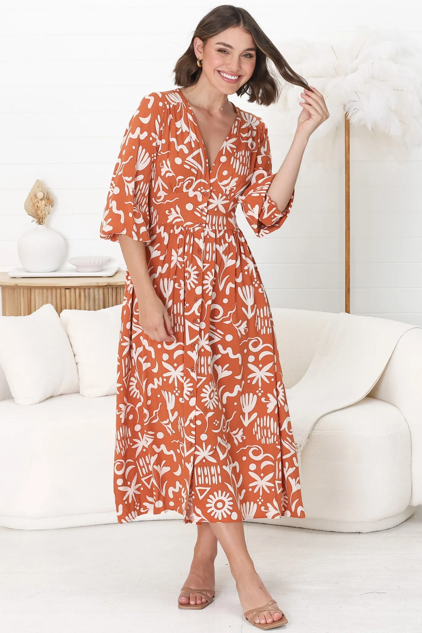 Jolie Midi Dress - V Neck Buttoned Down Long Sleeve Dress in Taralen Print Orange sold by Salty Crush product image thumbnail 5
