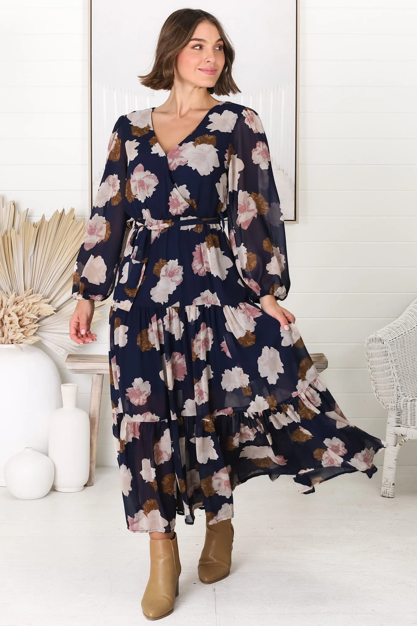 Valina Maxi Dress - Cross Over V Neckline Tiered Dress in Vika Print Navy sold by Salty Crush product image thumbnail 3