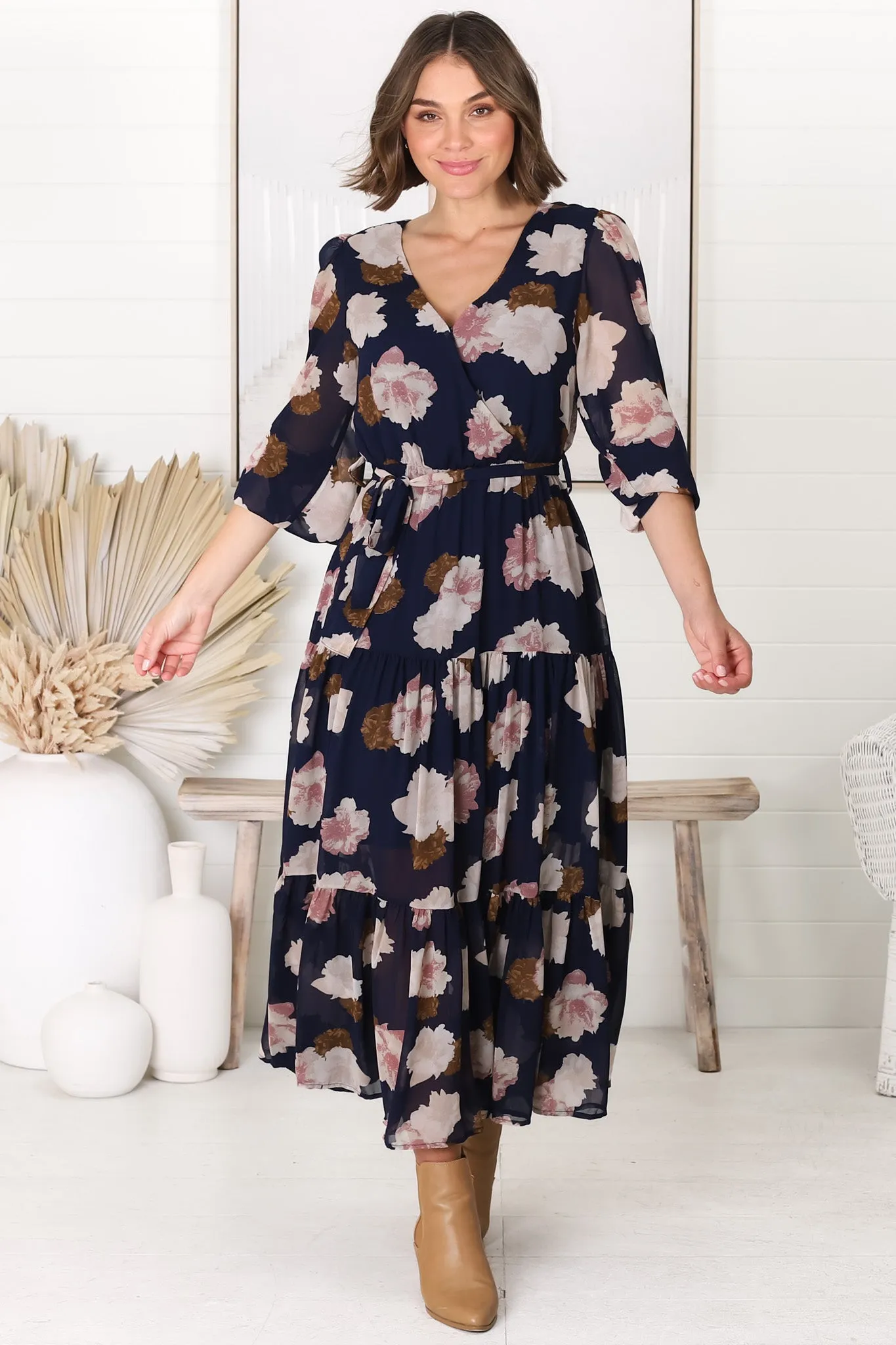 Valina Maxi Dress - Cross Over V Neckline Tiered Dress in Vika Print Navy sold by Salty Crush product image thumbnail 4