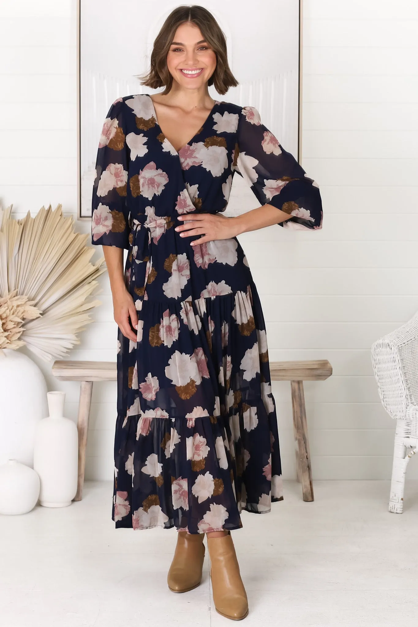 Valina Maxi Dress - Cross Over V Neckline Tiered Dress in Vika Print Navy sold by Salty Crush product image thumbnail 2
