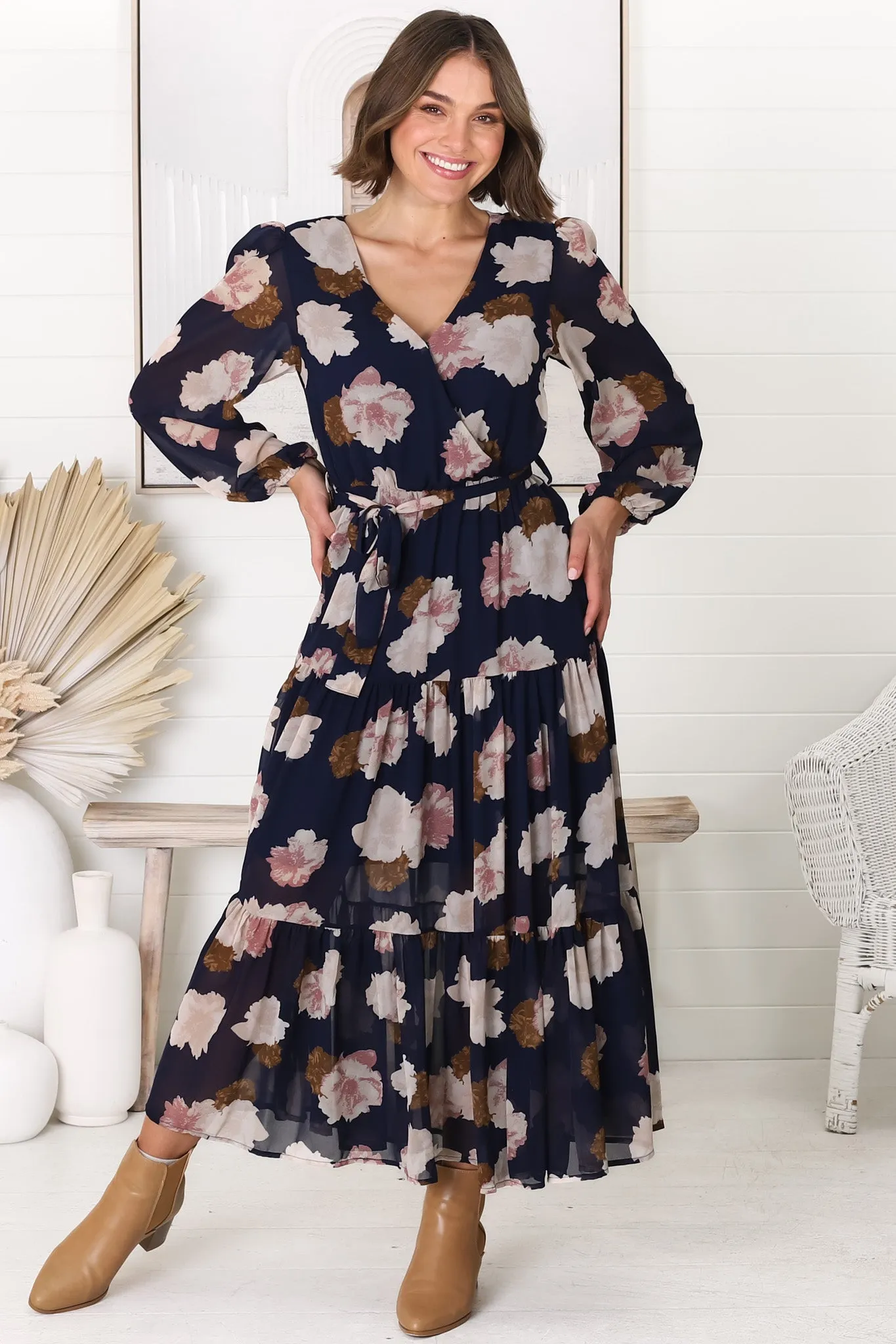 Valina Maxi Dress - Cross Over V Neckline Tiered Dress in Vika Print Navy sold by Salty Crush