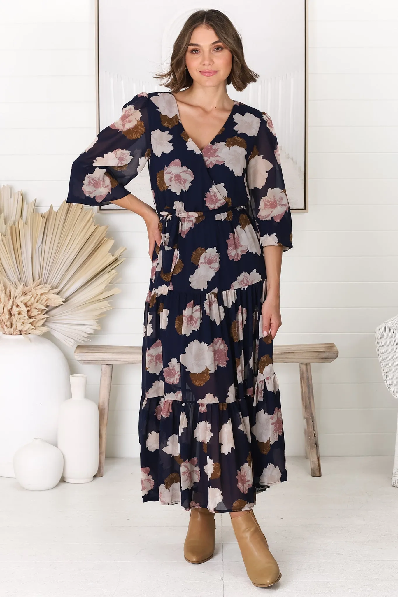 Valina Maxi Dress - Cross Over V Neckline Tiered Dress in Vika Print Navy sold by Salty Crush product image thumbnail 5