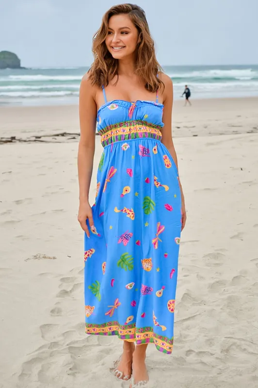 JAASE - Cleo Maxi Dress: Rouched Bodice Frill Neckline Elasticated Waist Sun Dress in Mati Print sold by Salty Crush