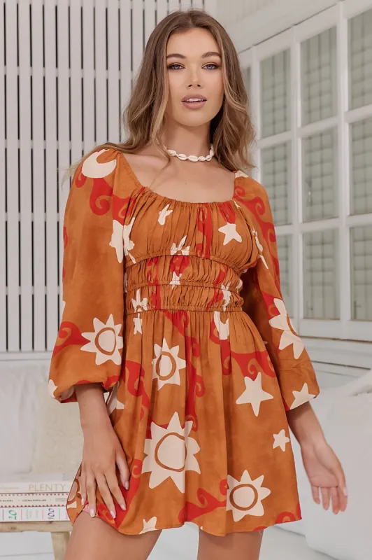 JAASE - Elena Mini Dress: Elasticated Bodice A Line Dress in Sina Print sold by Salty Crush