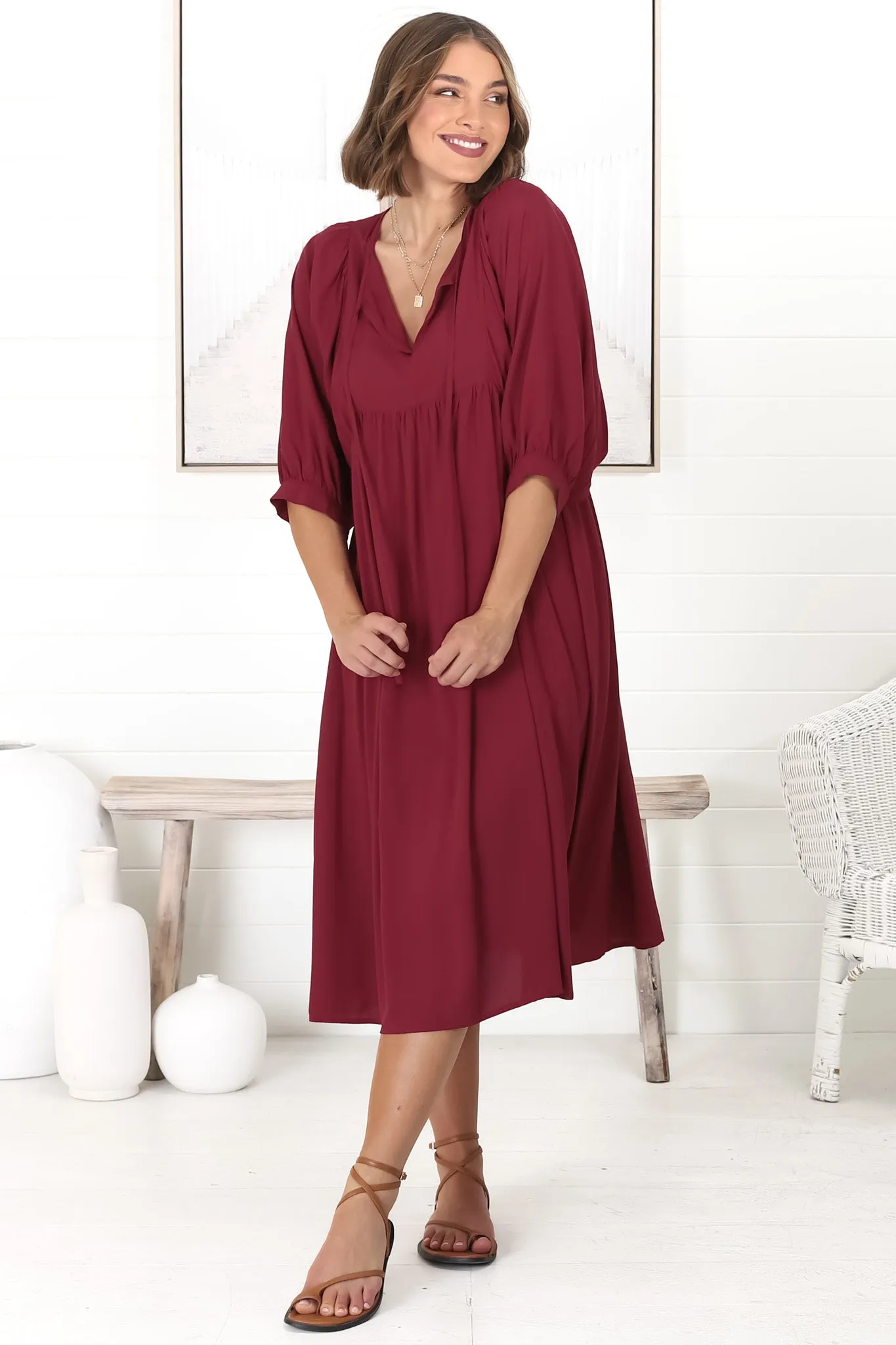 Mariah Midi Dress - V Neck Smock Dress with Batwing Sleeves in Dark Red sold by Salty Crush product image thumbnail 5