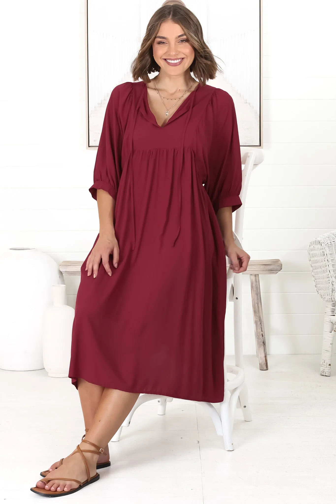 Mariah Midi Dress - V Neck Smock Dress with Batwing Sleeves in Dark Red sold by Salty Crush