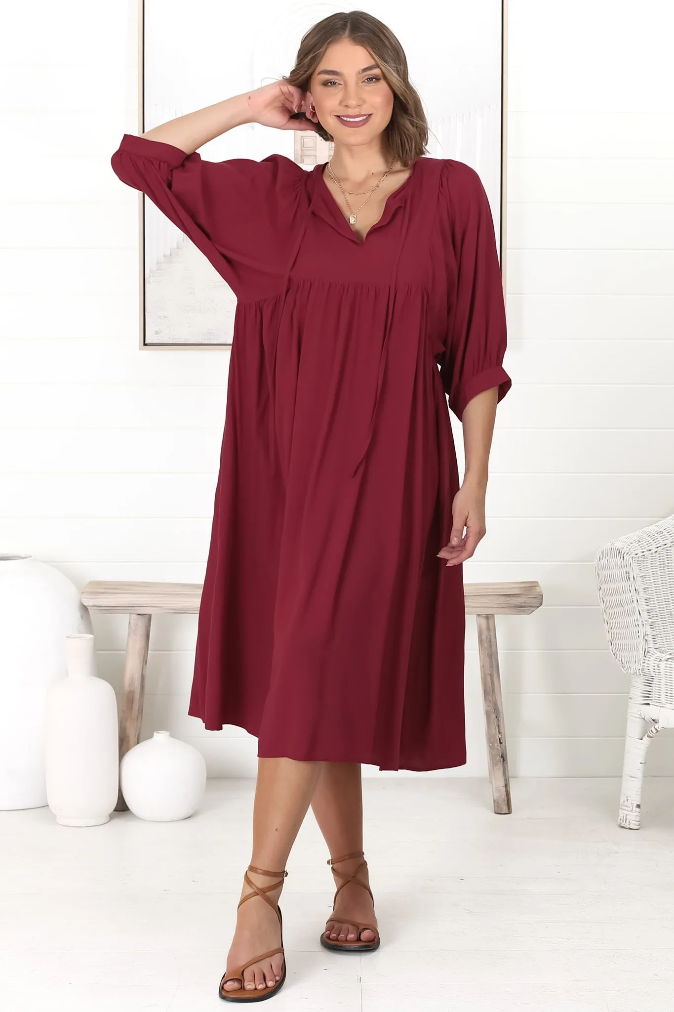 Mariah Midi Dress - V Neck Smock Dress with Batwing Sleeves in Dark Red sold by Salty Crush product image thumbnail 3