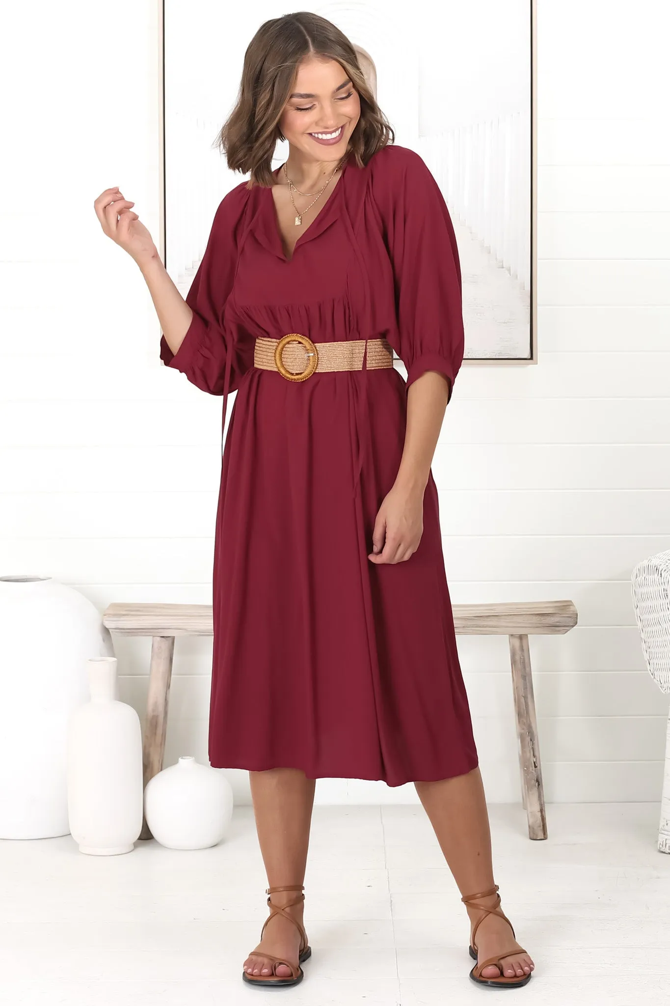 Mariah Midi Dress - V Neck Smock Dress with Batwing Sleeves in Dark Red sold by Salty Crush product image thumbnail 2