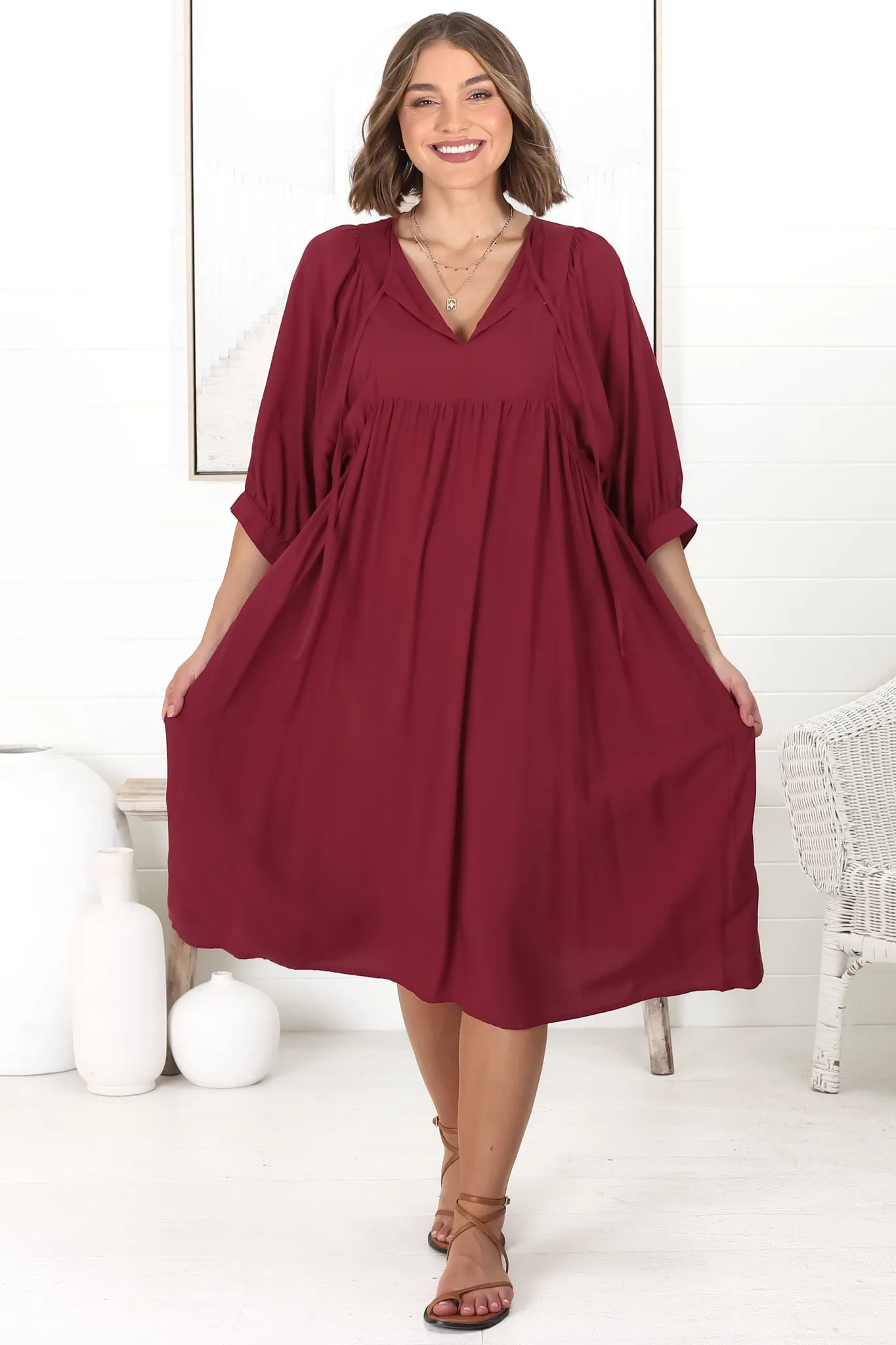 Mariah Midi Dress - V Neck Smock Dress with Batwing Sleeves in Dark Red sold by Salty Crush product image thumbnail 4