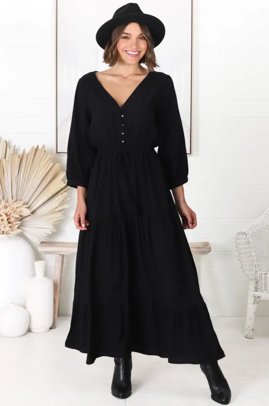 Mia Maxi Dress - V Neck 3/4 Sleeve Tiered Dress in Black sold by Salty Crush