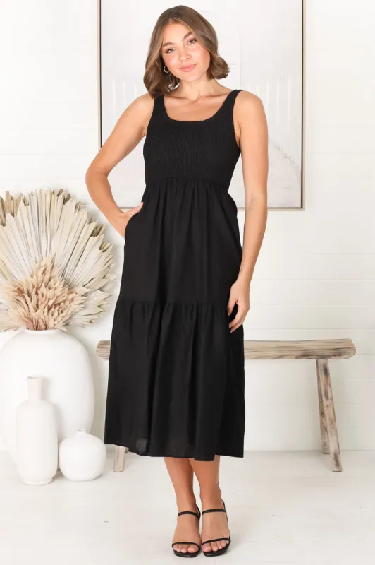 Sarlie Midi Dress - Shirred Bodice Cotton/Linen Blend Tiered Dress in Black sold by Salty Crush