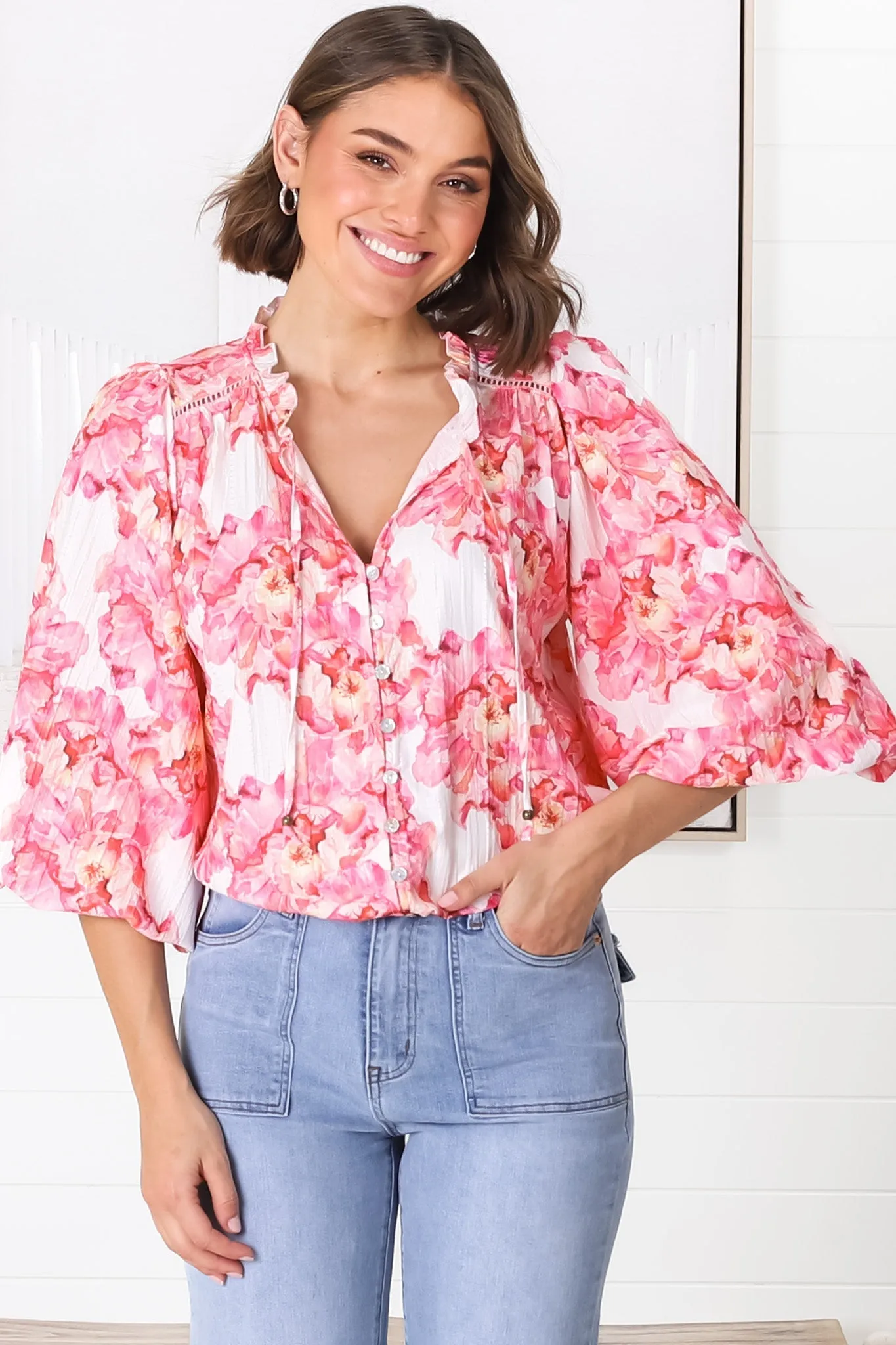 Moree Blouse - Frill Collar Neck Tie Button Down Shirt in Franc Print Pink sold by Salty Crush product image thumbnail 4