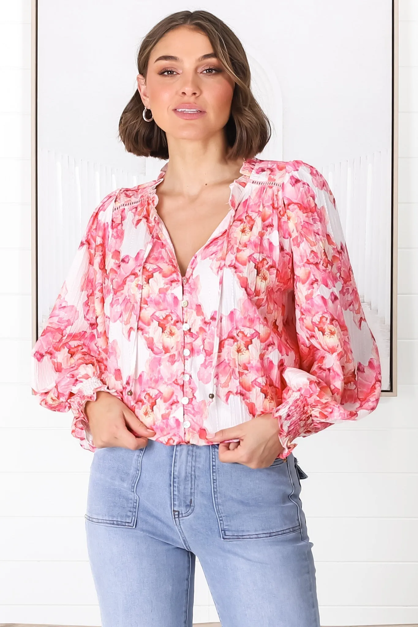 Moree Blouse - Frill Collar Neck Tie Button Down Shirt in Franc Print Pink sold by Salty Crush