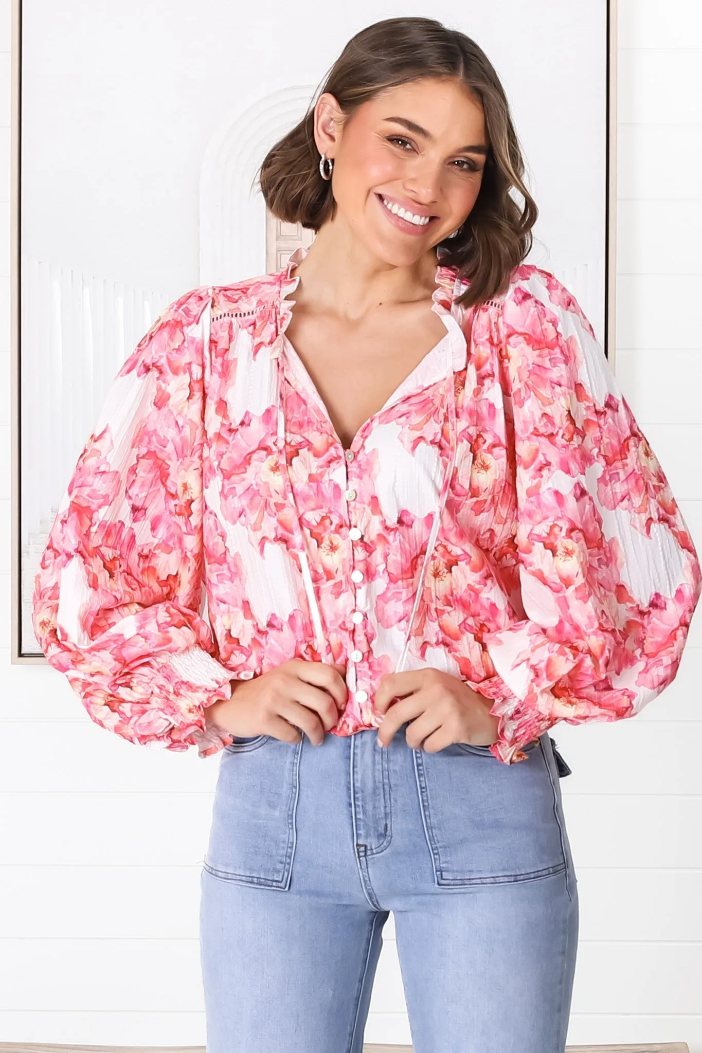 Moree Blouse - Frill Collar Neck Tie Button Down Shirt in Franc Print Pink sold by Salty Crush product image thumbnail 5