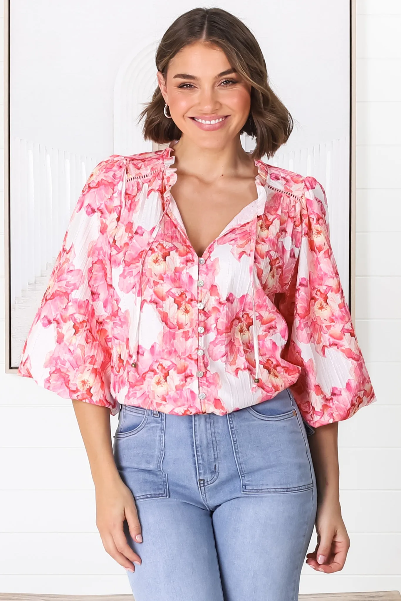 Moree Blouse - Frill Collar Neck Tie Button Down Shirt in Franc Print Pink sold by Salty Crush product image thumbnail 3