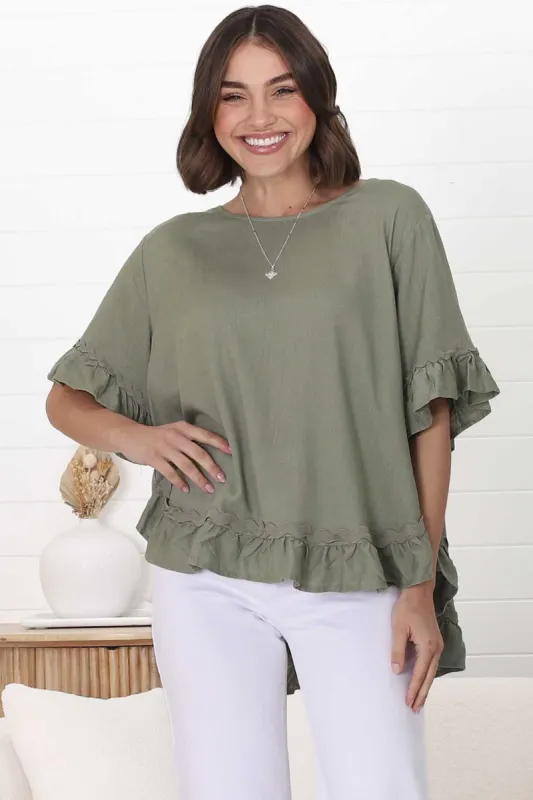 Beca Top - Rick Rack Splicing Pull Over Smock Top in Khaki sold by Salty Crush