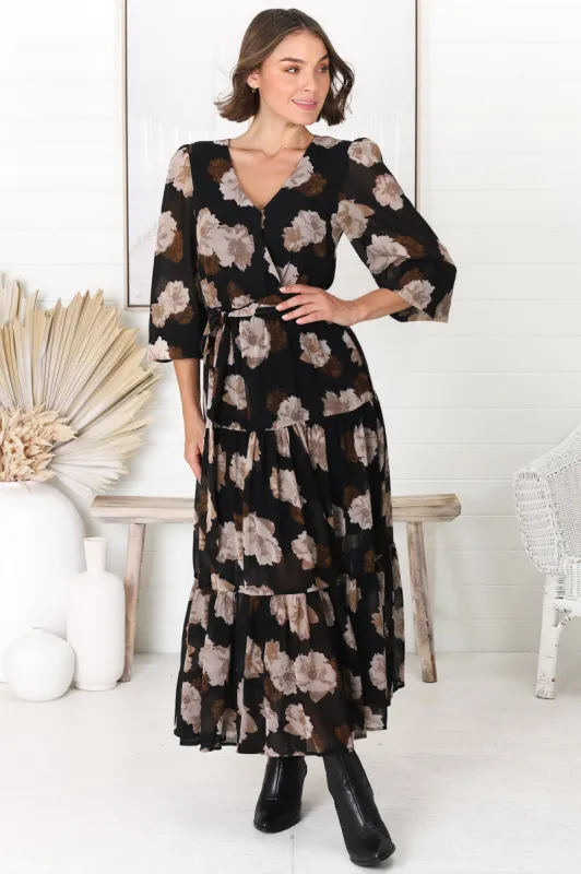 Valina Maxi Dress - Cross Over V Neckline Tiered Dress in Vika Print Black sold by Salty Crush