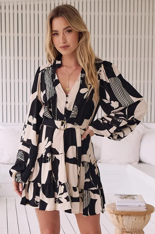 JAASE - Jayde Mini Dress: Lattice Detailed A Line Dress with Tiered Skirt in Genevieve Print sold by Salty Crush