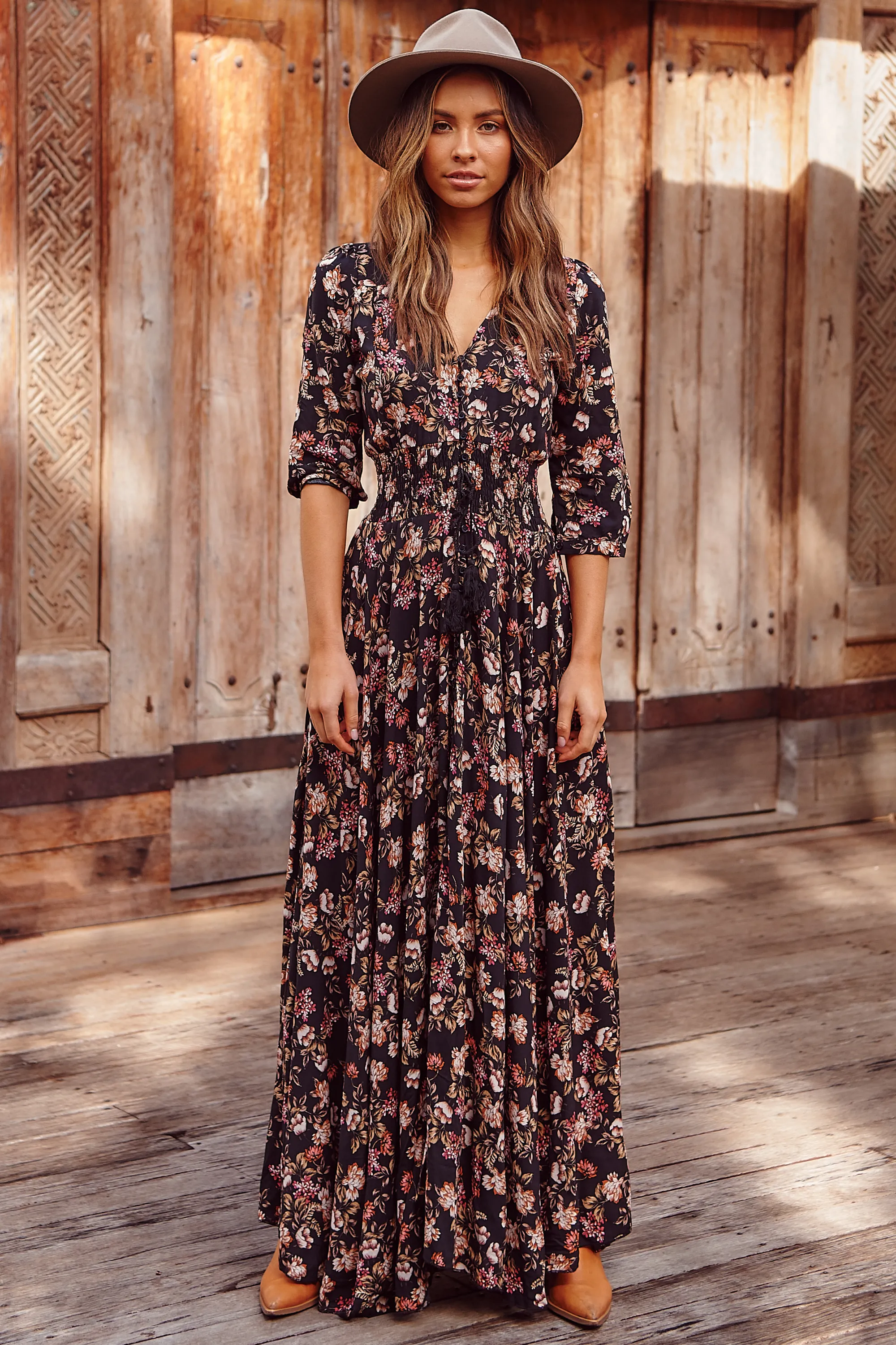 JAASE - Indiana Maxi Dress: Lace Back Shirred Waist A Line Dress with Handkercheif Hemline in Kimber Print sold by Salty Crush product image thumbnail 3