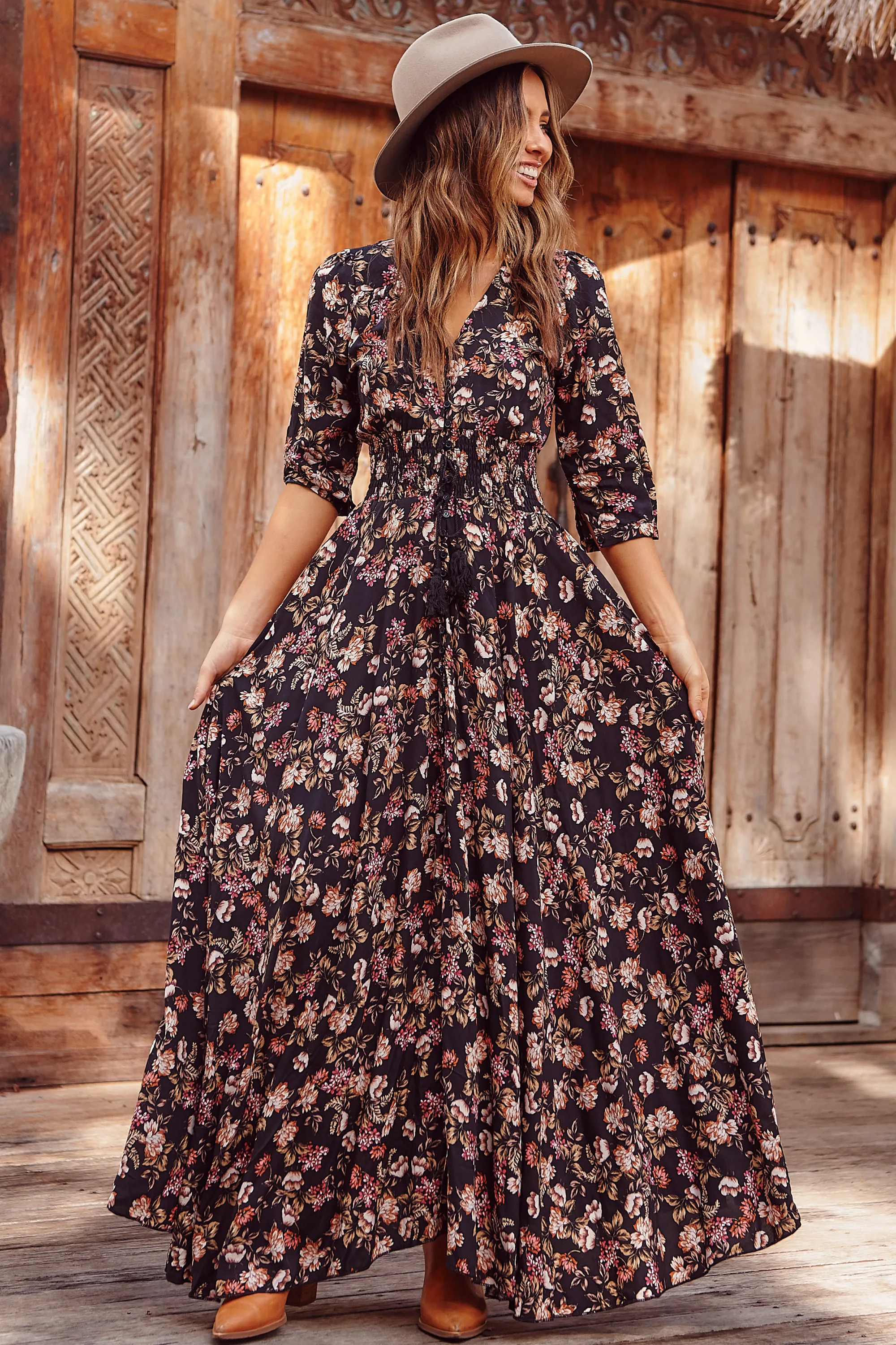 JAASE - Indiana Maxi Dress: Lace Back Shirred Waist A Line Dress with Handkercheif Hemline in Kimber Print sold by Salty Crush product image thumbnail 4