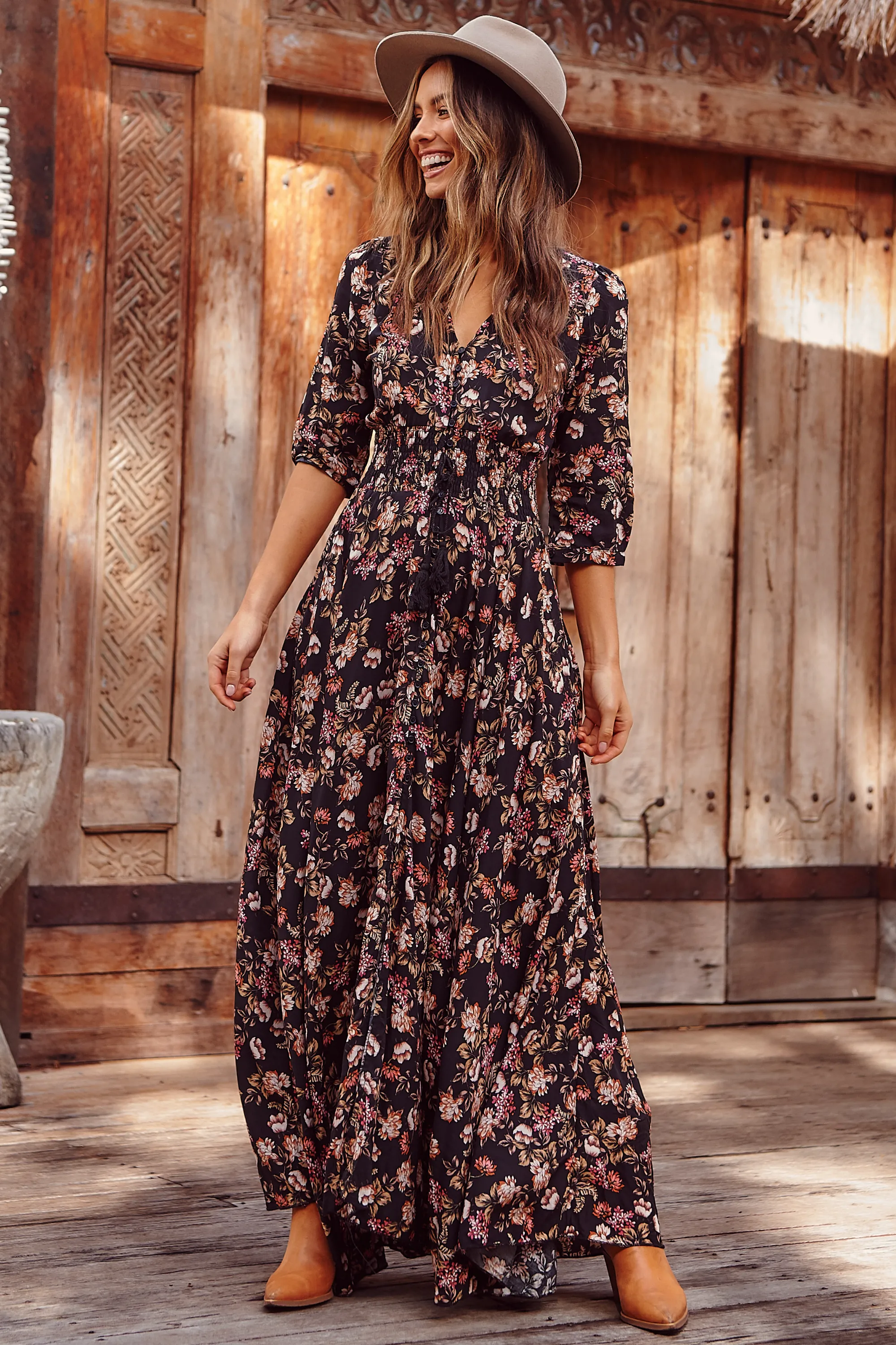 JAASE - Indiana Maxi Dress: Lace Back Shirred Waist A Line Dress with Handkercheif Hemline in Kimber Print sold by Salty Crush product image thumbnail 2