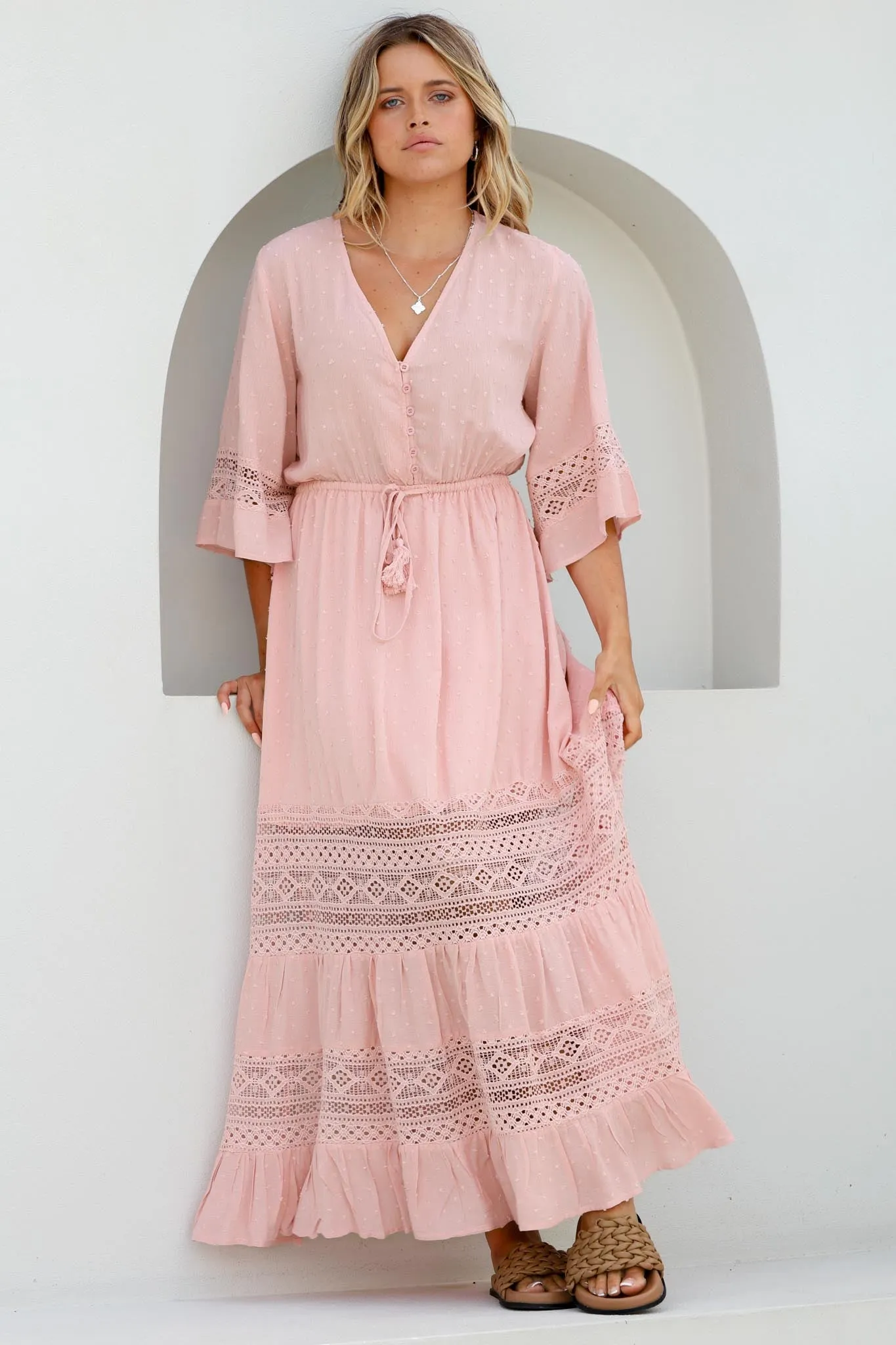 Kaely Maxi Dress - Delicate Lace Panel Detailed A Line Dress in Pink sold by Salty Crush