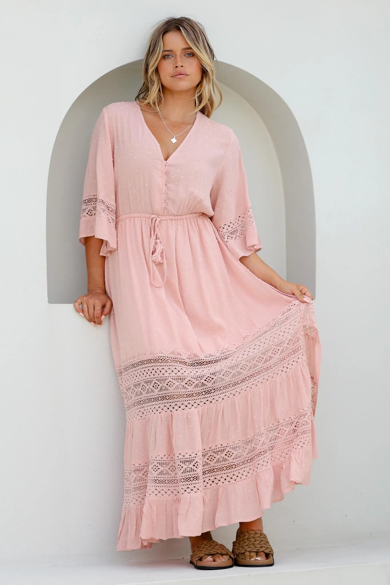 Kaely Maxi Dress - Delicate Lace Panel Detailed A Line Dress in Pink sold by Salty Crush product image thumbnail 4
