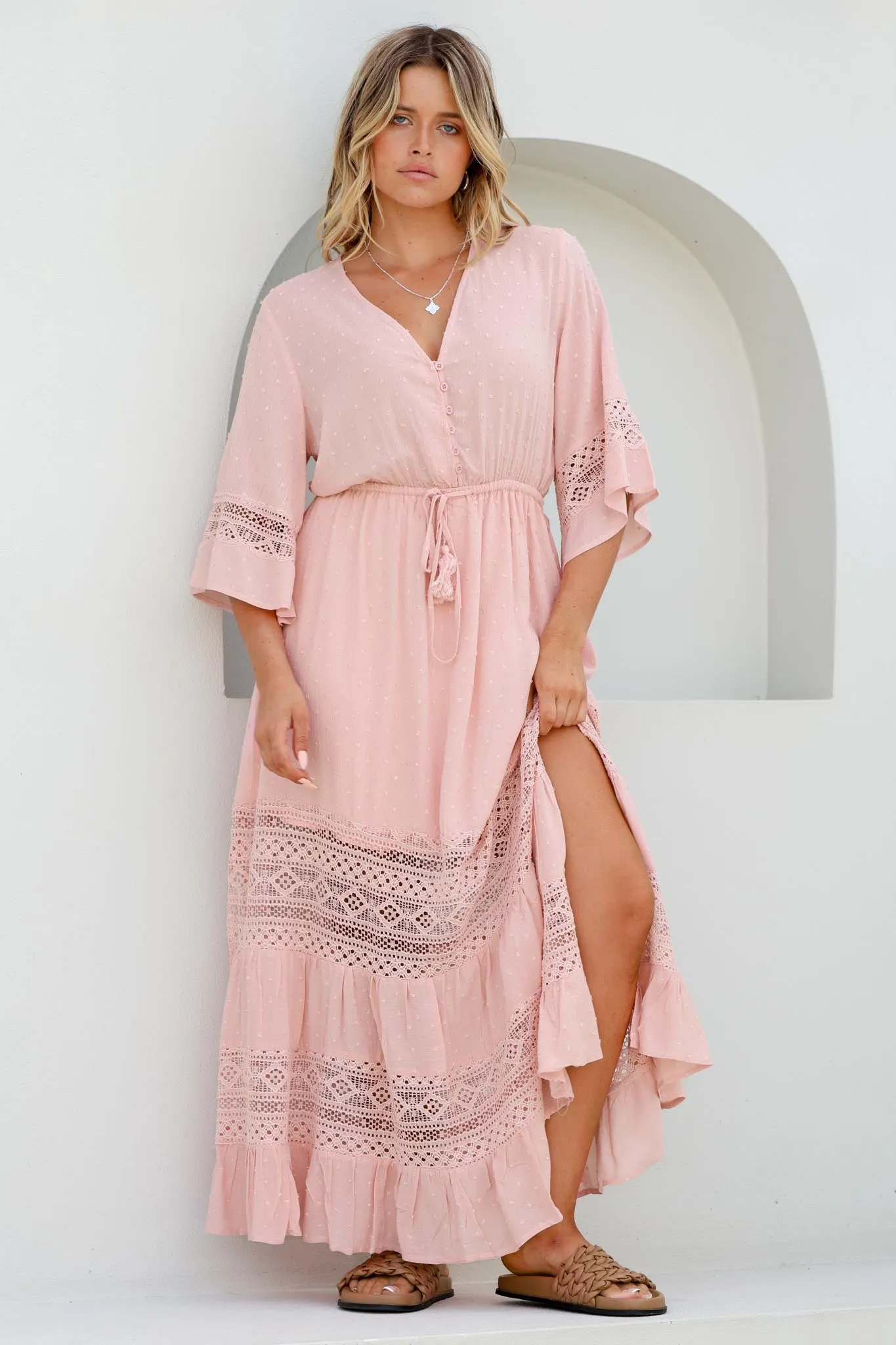 Kaely Maxi Dress - Delicate Lace Panel Detailed A Line Dress in Pink sold by Salty Crush product image thumbnail 2