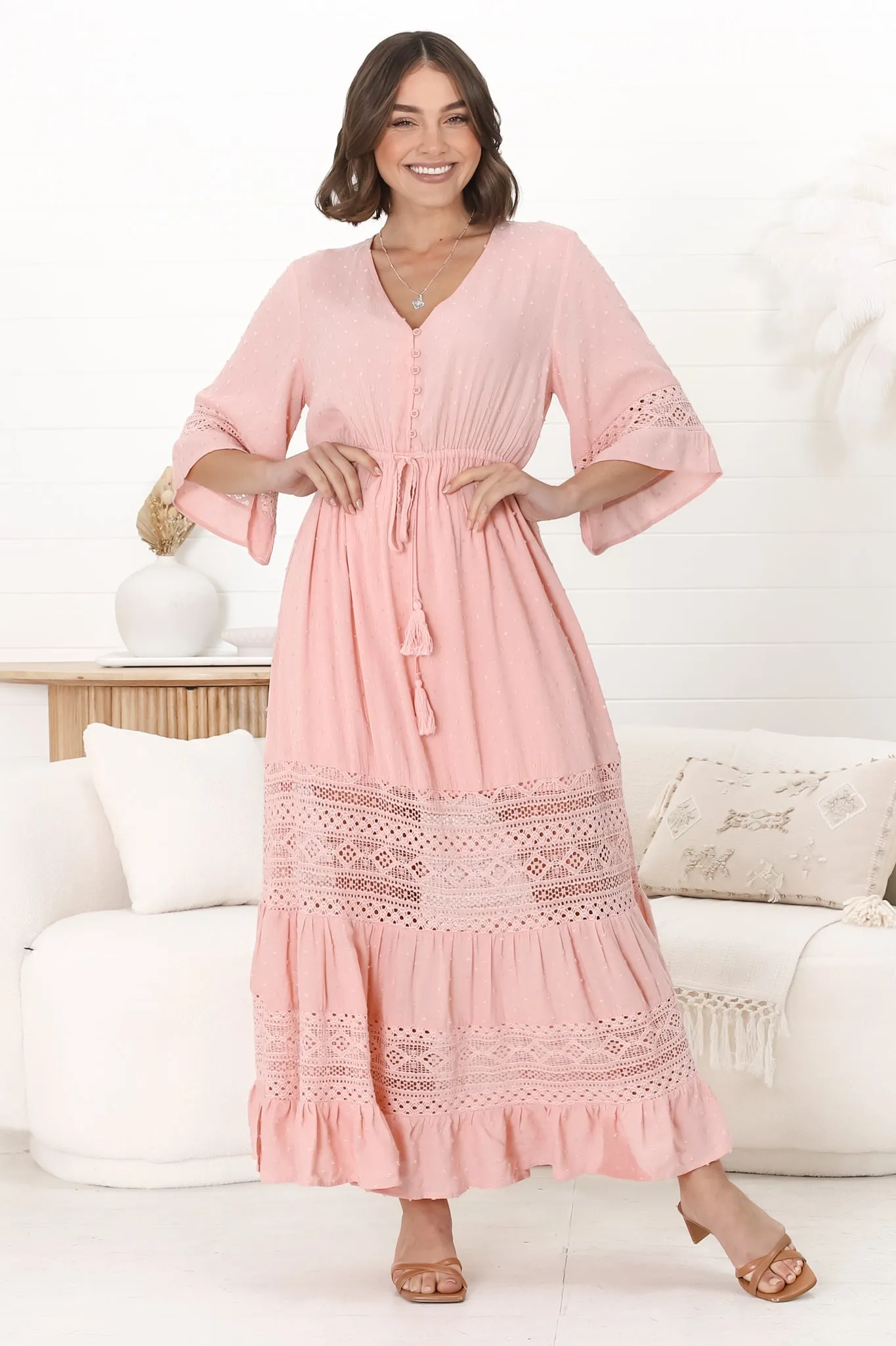 Kaely Maxi Dress - Delicate Lace Panel Detailed A Line Dress in Pink sold by Salty Crush product image thumbnail 5