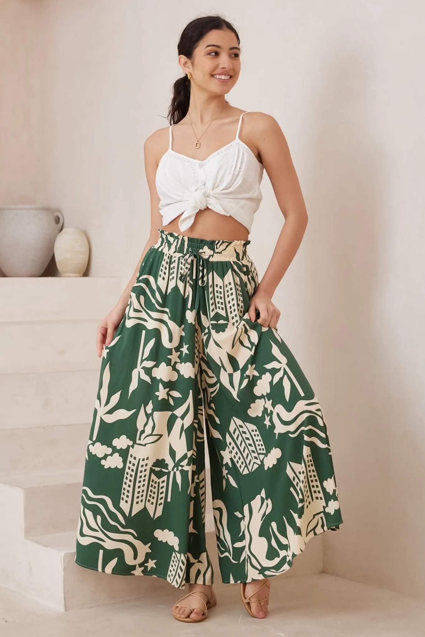 Mezza Pants - Paper Bag High Waisted Wide Leg Pant In Salt Lake Print Green sold by Salty Crush product image thumbnail 3