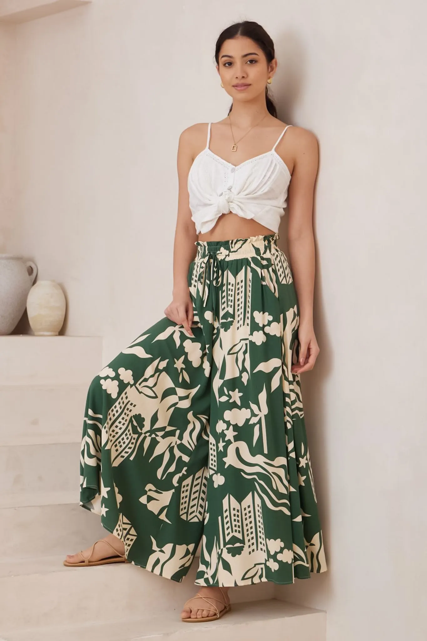 Mezza Pants - Paper Bag High Waisted Wide Leg Pant In Salt Lake Print Green sold by Salty Crush