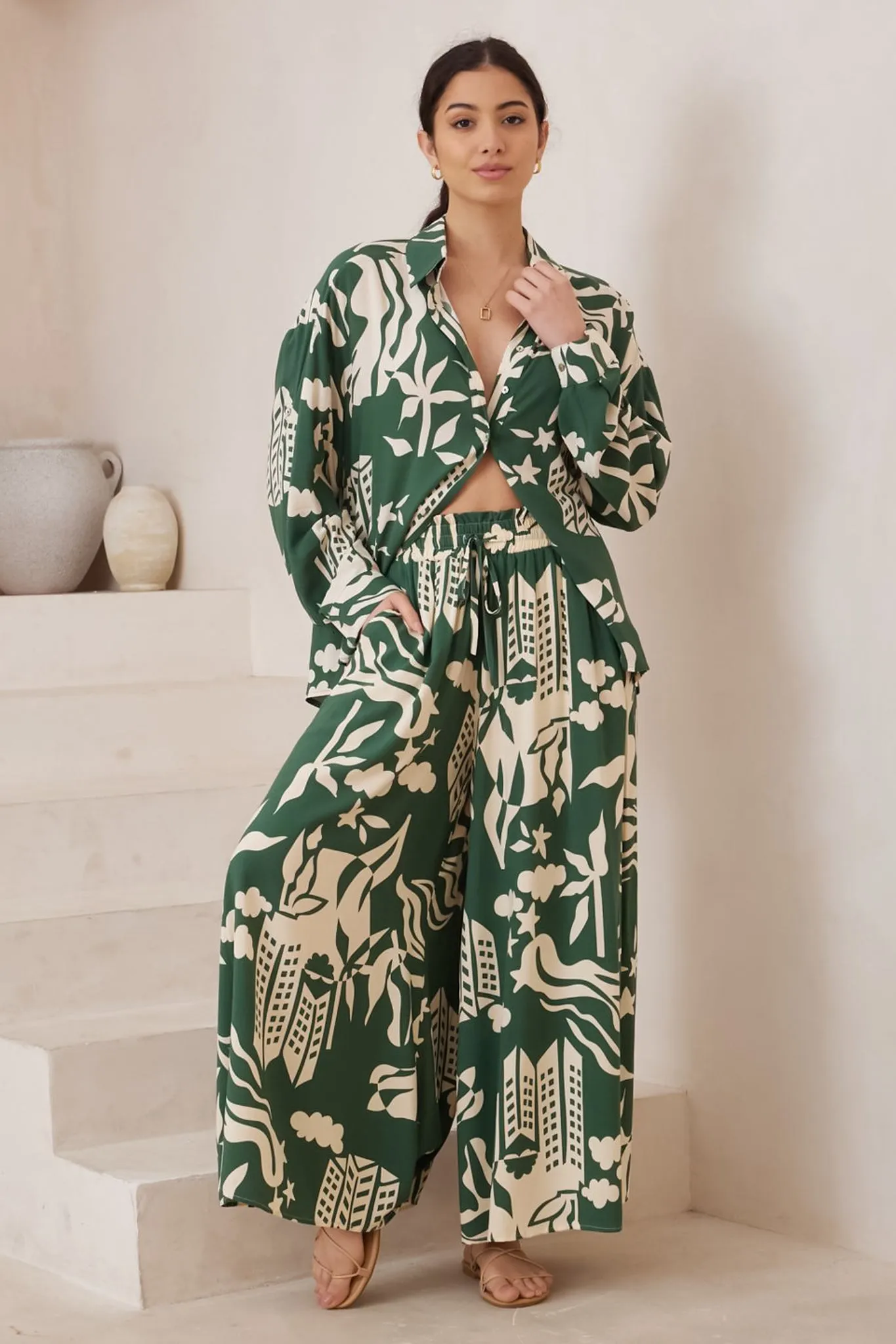 Mezza Pants - Paper Bag High Waisted Wide Leg Pant In Salt Lake Print Green sold by Salty Crush product image thumbnail 2