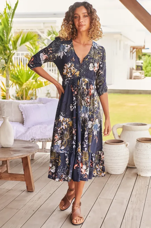 Eve Midi Dress - V Neck Tiered Dress with Optional Waist Tie in Indigo Print sold by Salty Crush