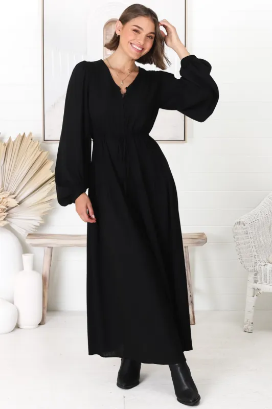 Salma Maxi Dress - Linen Blend Long Sleeve Maxi Dress in Black sold by Salty Crush